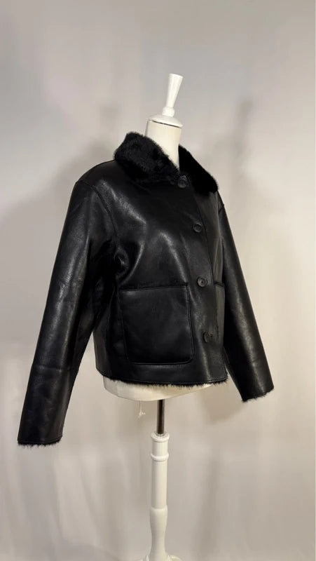 Veste double face simili-cuir à poches noire