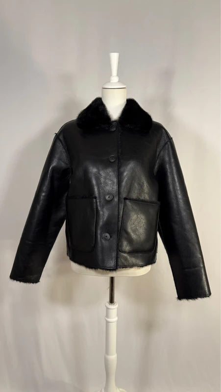 Veste double face simili-cuir à poches noire